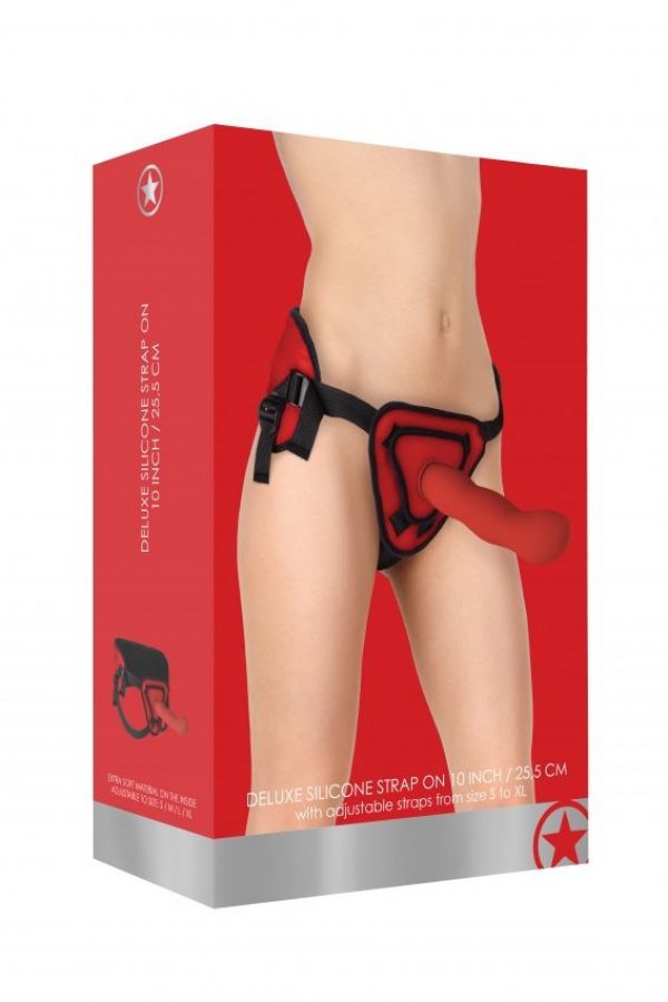Красный страпон Deluxe Silicone Strap On 10 Inch с волнистой насадкой - 25,5 см. - фото 3