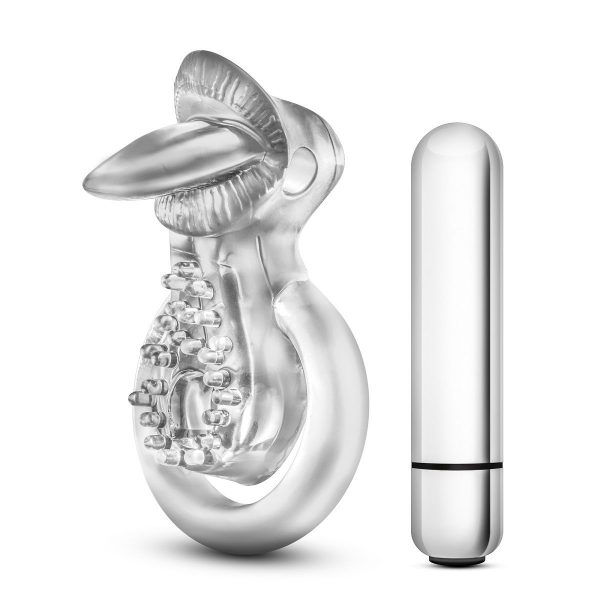 Прозрачное эрекционное кольцо с подхватом, вибропулей и язычком 10 Function Vibrating Tongue Ring - фото, отзывы