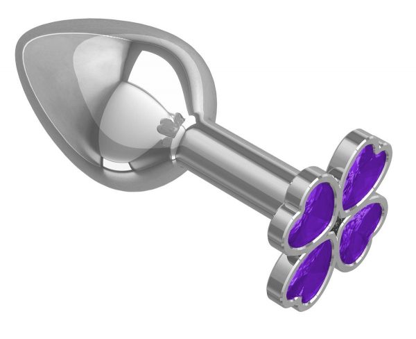 Серебристая анальная втулка с клевером из фиолетовых кристаллов - 7 см. - фото, отзывы